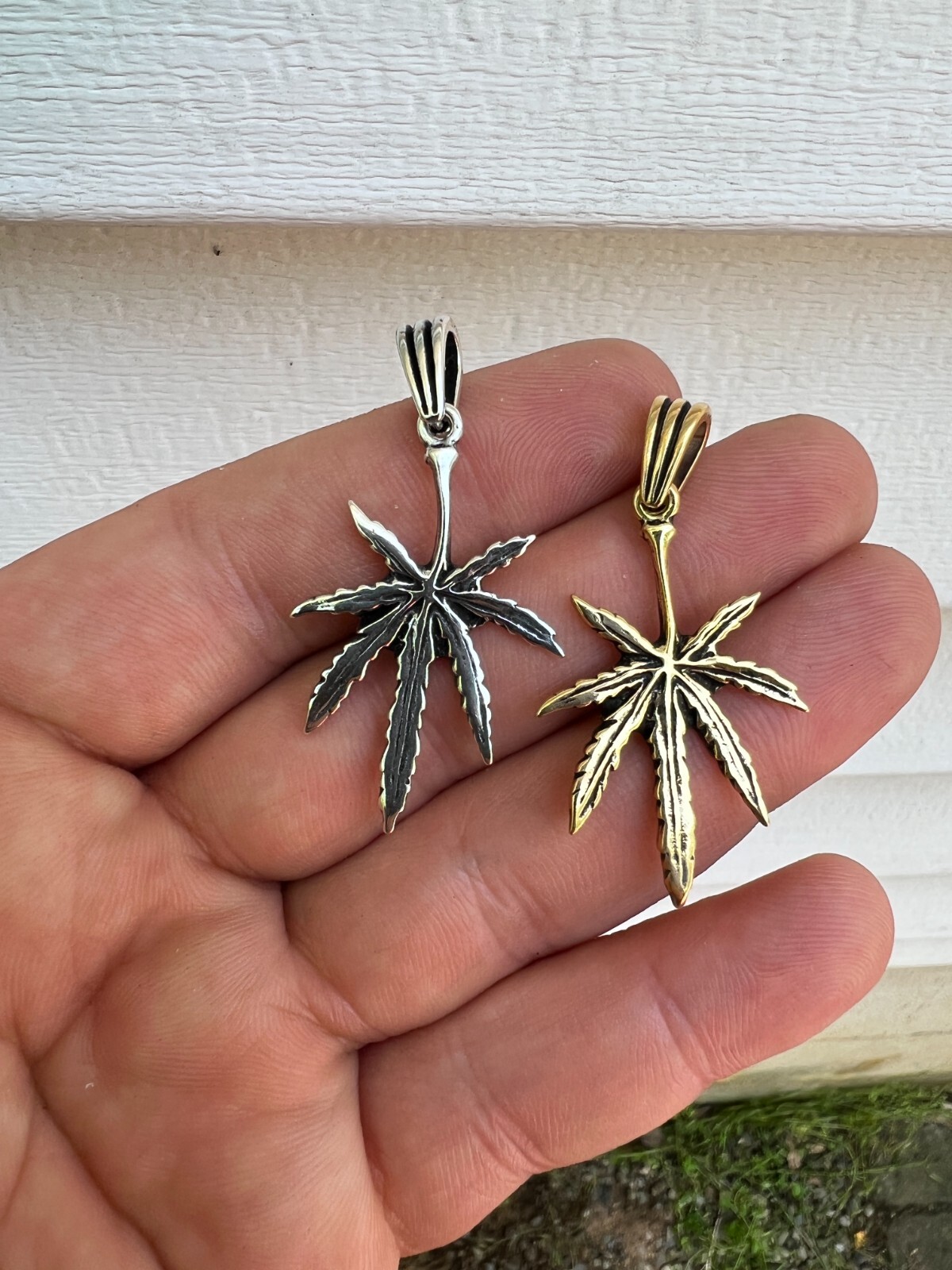 Real 925 Silver / 14k Gold Plated Marijuana Leaf Oxidized Pendant Necklace Charm