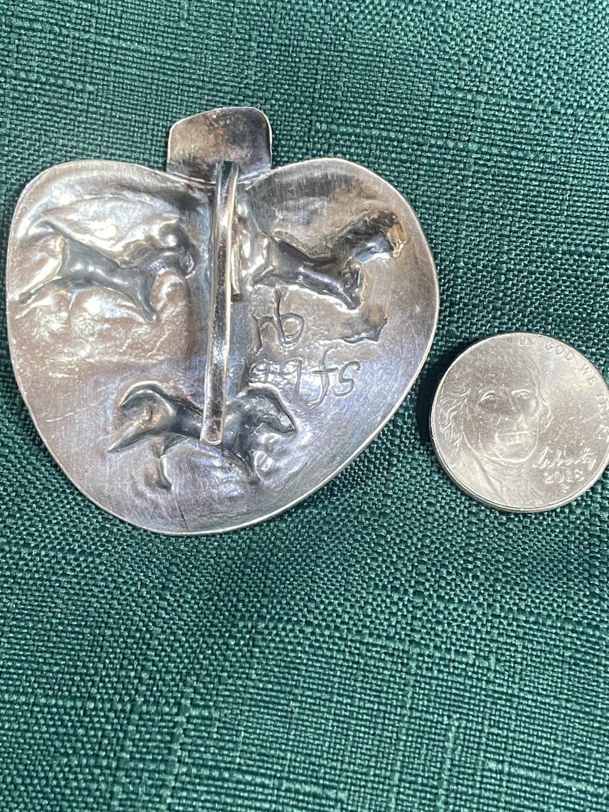 Vintage WILD HORSES Signed NB 999 Fine Silver PENDANT Unknown Artist HEART SHAPE