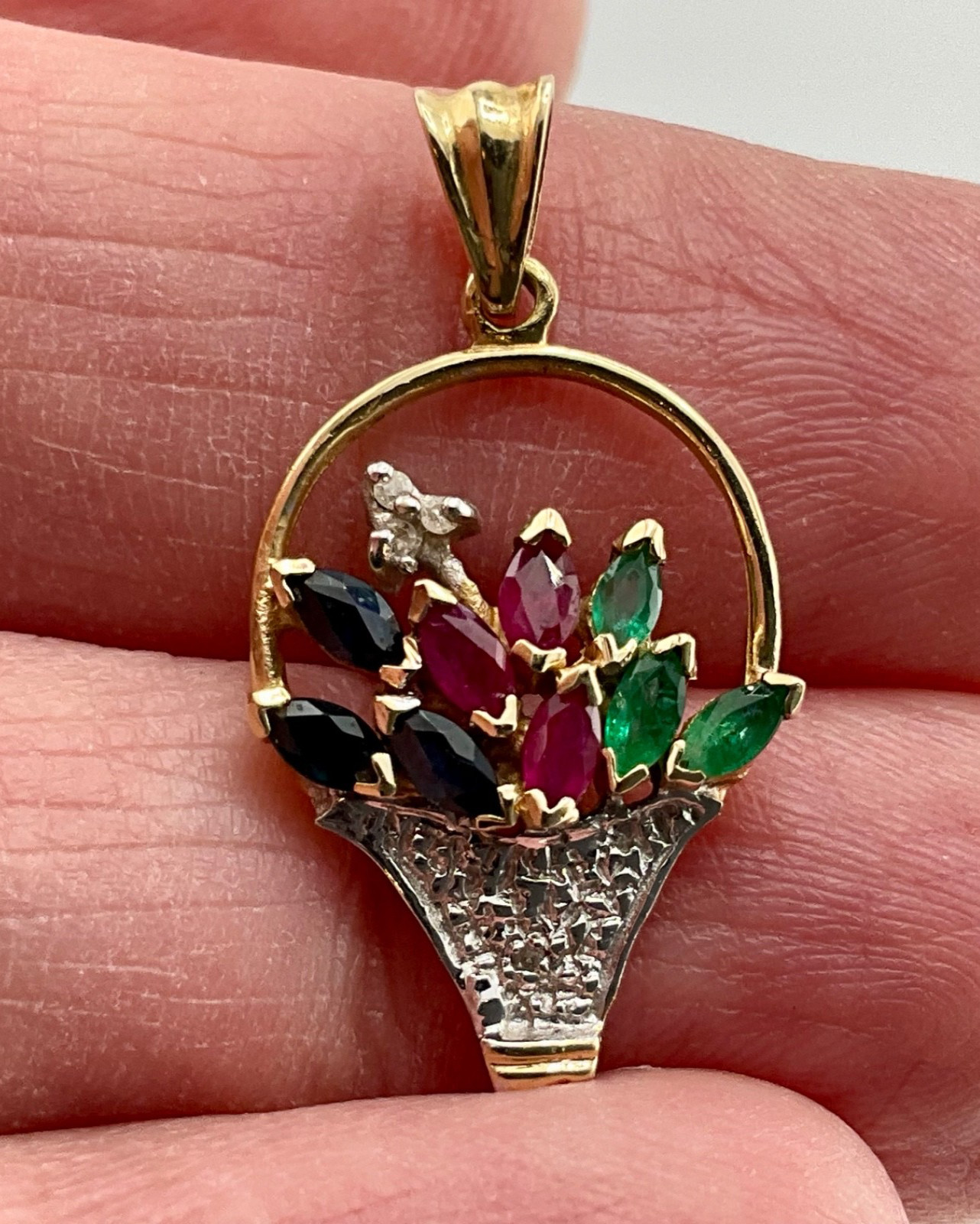 Vintage Minimalist 10k Gold Flower Basket Pendant Ruby Emerald Sapphire Diamond