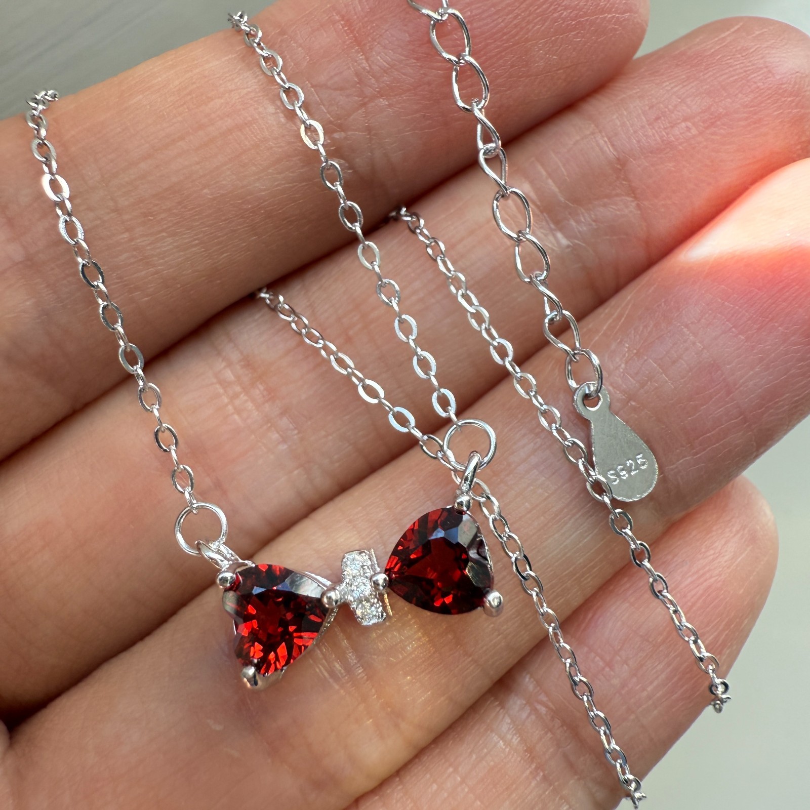 925 Sterling Silver Necklace 5mm Heart Natural Garnet Gemstone Zircon Chain Bow