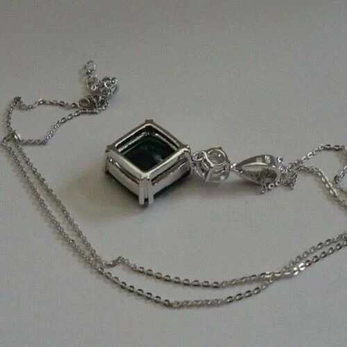 3Ct Cushion Cut Green Diamond Women’s Pendant 14K White GP Free Chain