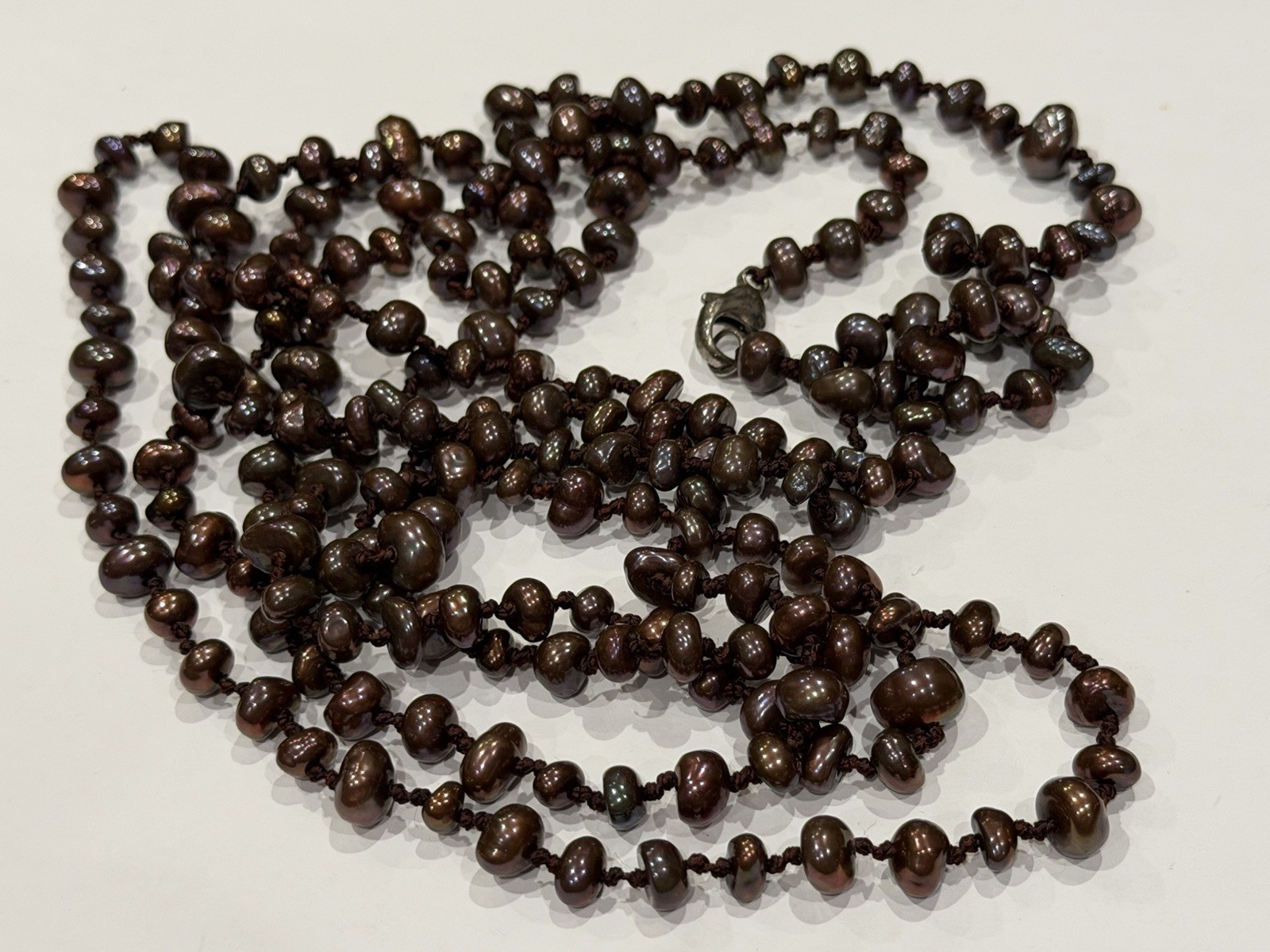 HONORA BROWN CULTURED PEARL HAND KNOTTED 72″ FLAPPER NECKLACE STERLING SILVER EU