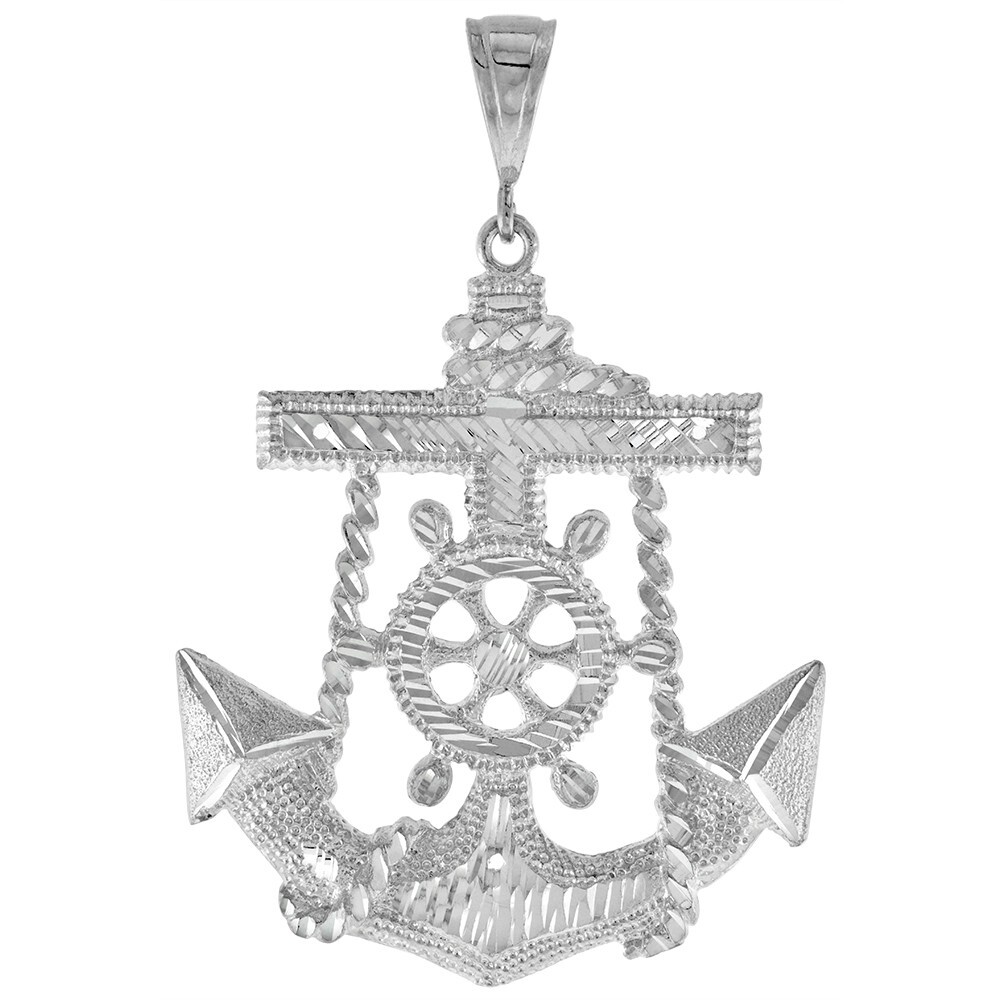 925 Sterling Silver Large Anchor and Helm Cross Pendant 2 1/2 Inch (63mm) Tall