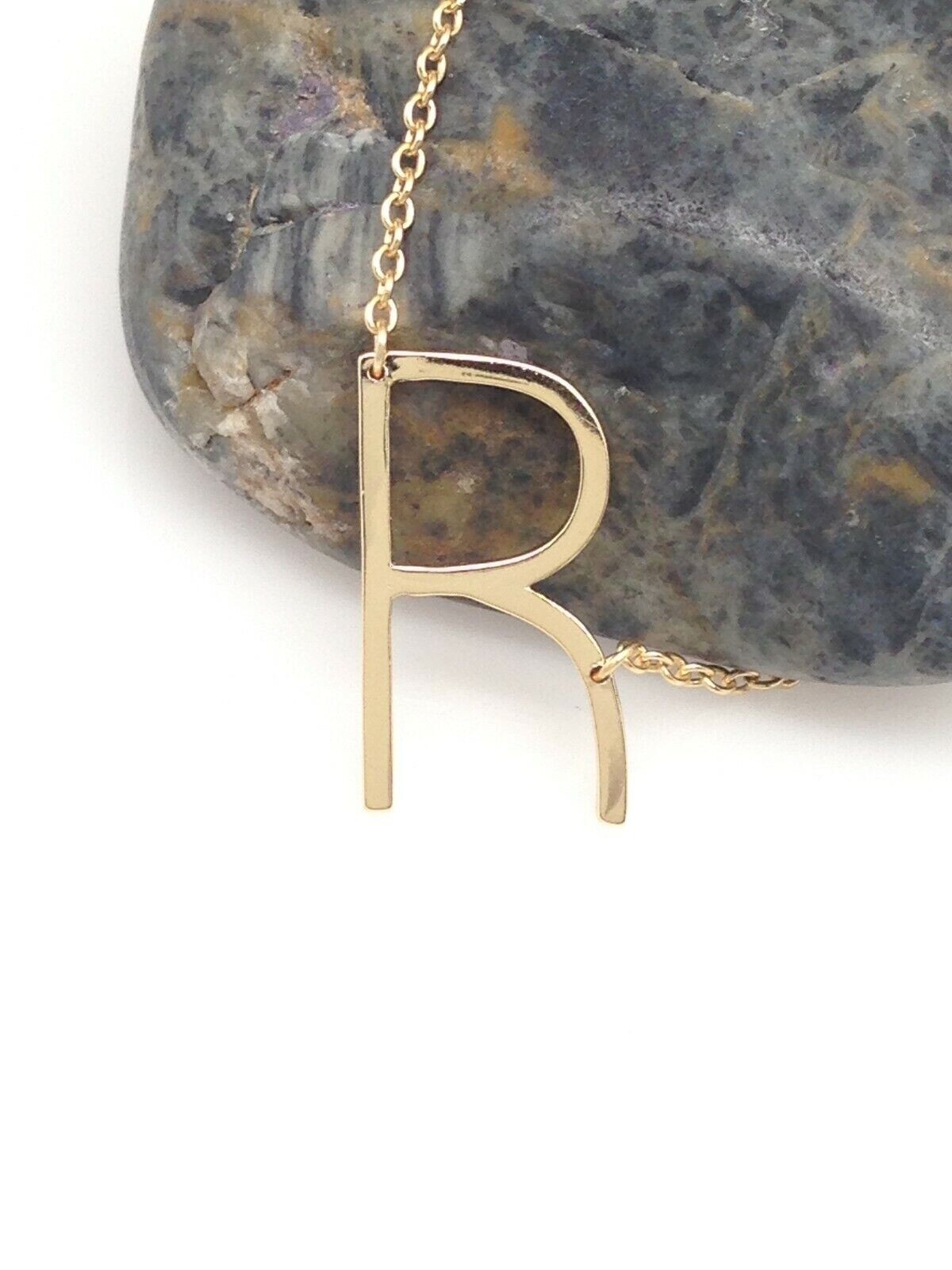 925 Sterling Silver Sideways Initial Letter R Pendant Necklace Gold Women 16mm