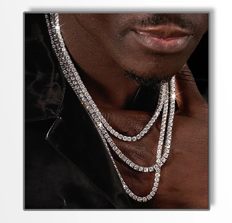 US 4mm D VVS1 MOISSANITE Tennis Chain Necklace – 925 Sterling Silver – Men Women
