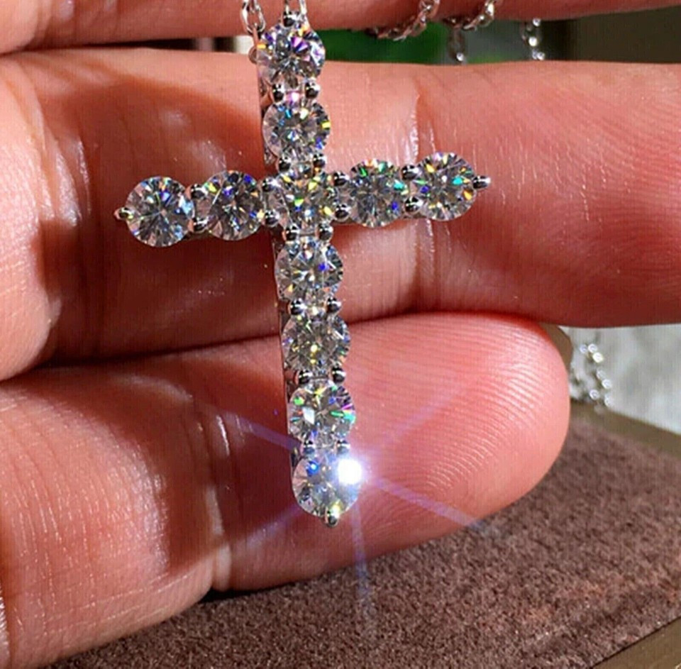 2.00Ct Lab Created Diamond Round Cross Pendant With Chain 14K White Gold Plated
