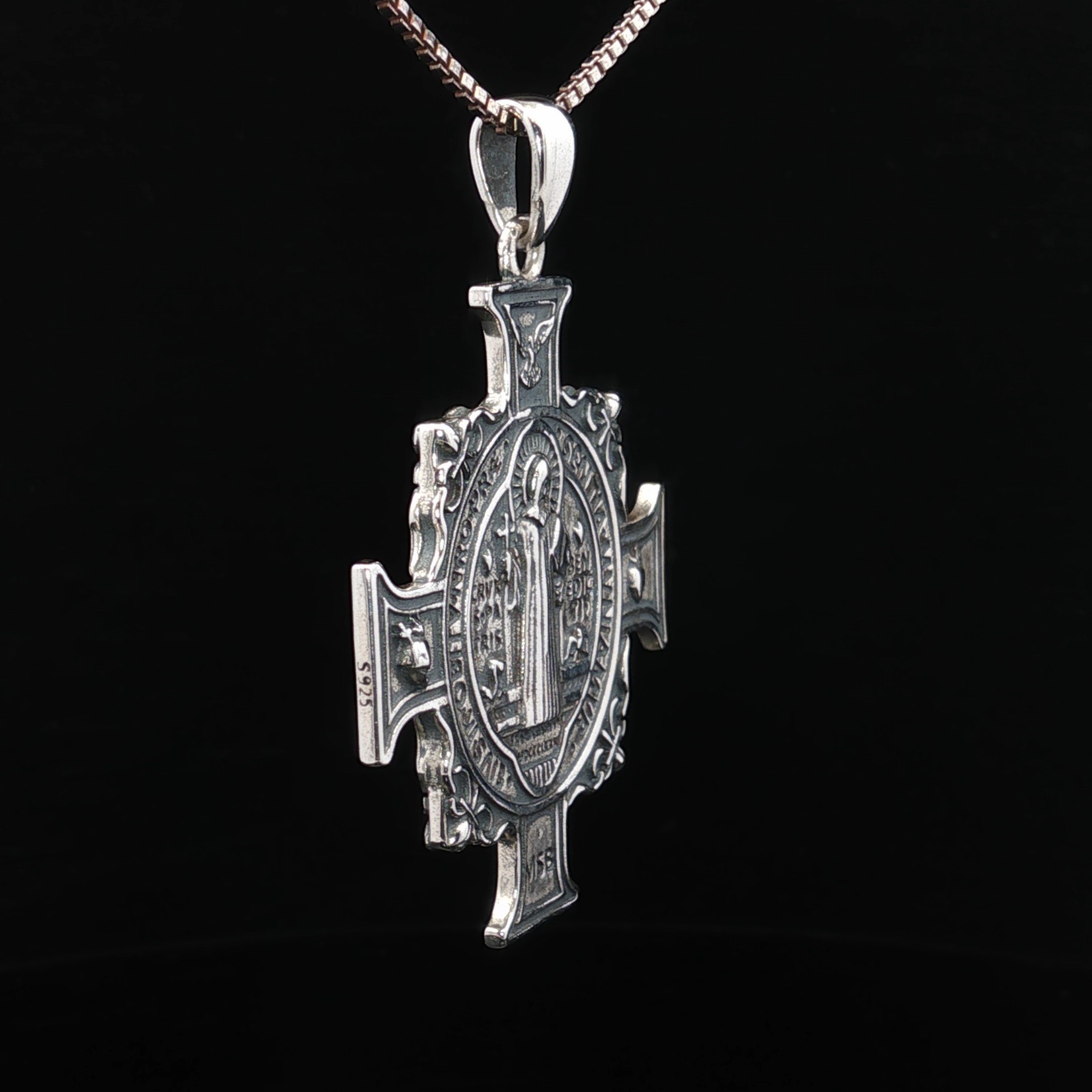 925 Sterling Silver Saint Benedict Two-Sided Cross Necklace