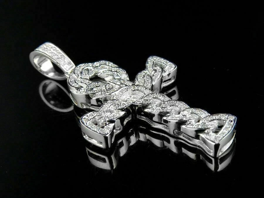 2Ct Round Cut Diamond Cuban Link Style Ankh Cross Pendant 14k White Gold Finish