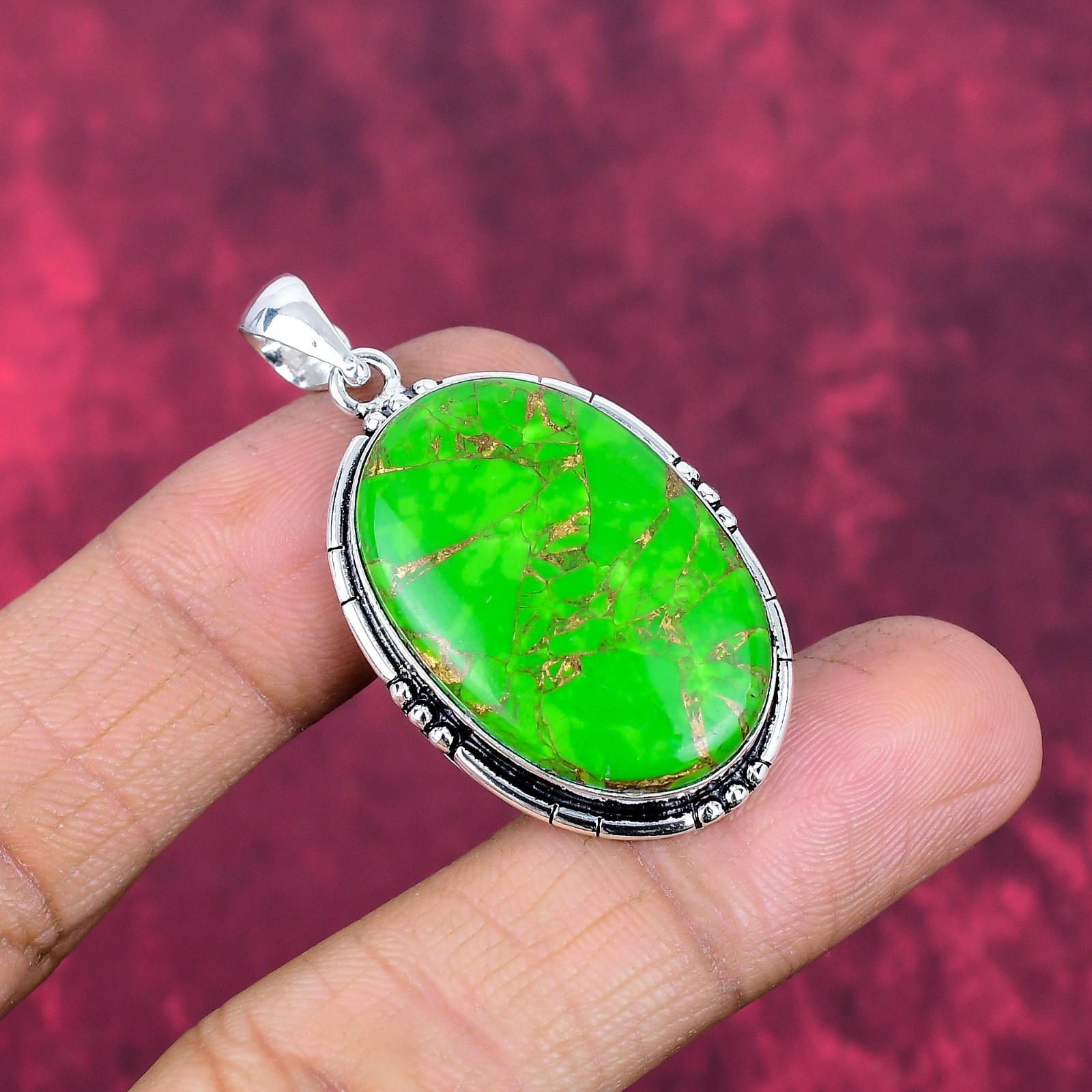 Green Copper Turquoise Gemstone Handmade 925 Sterling Silver Pendant Jewelry
