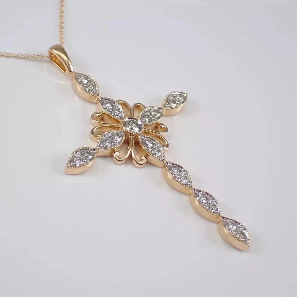 Moissanite Cross Pendant 2CT Round Cut 14K Yellow Gold Plated