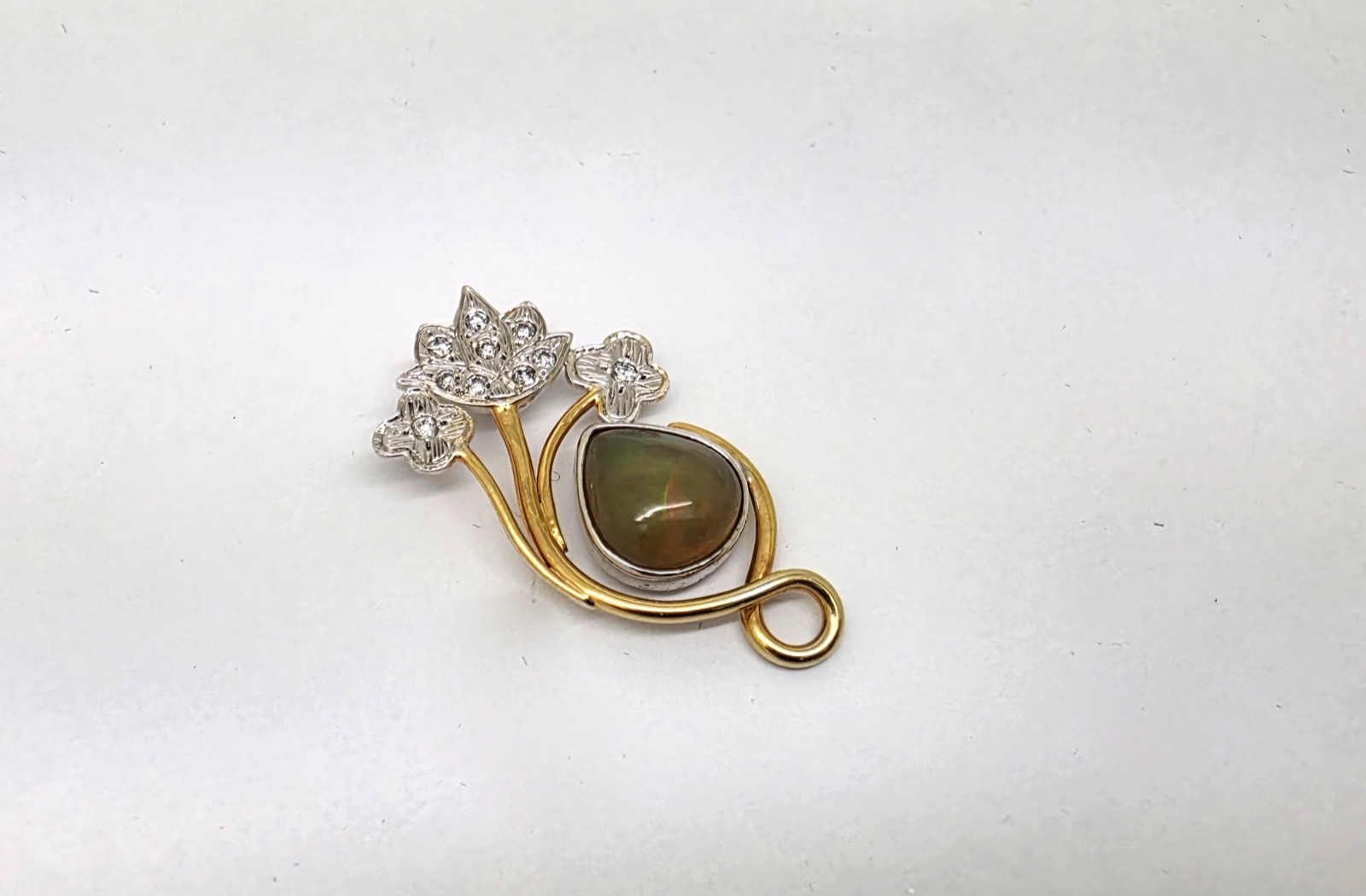 VINTAGE 14K WHITE/YELLOW GOLD OPAL & DIAMONDS SLIDE PENDANT,1 3/8″