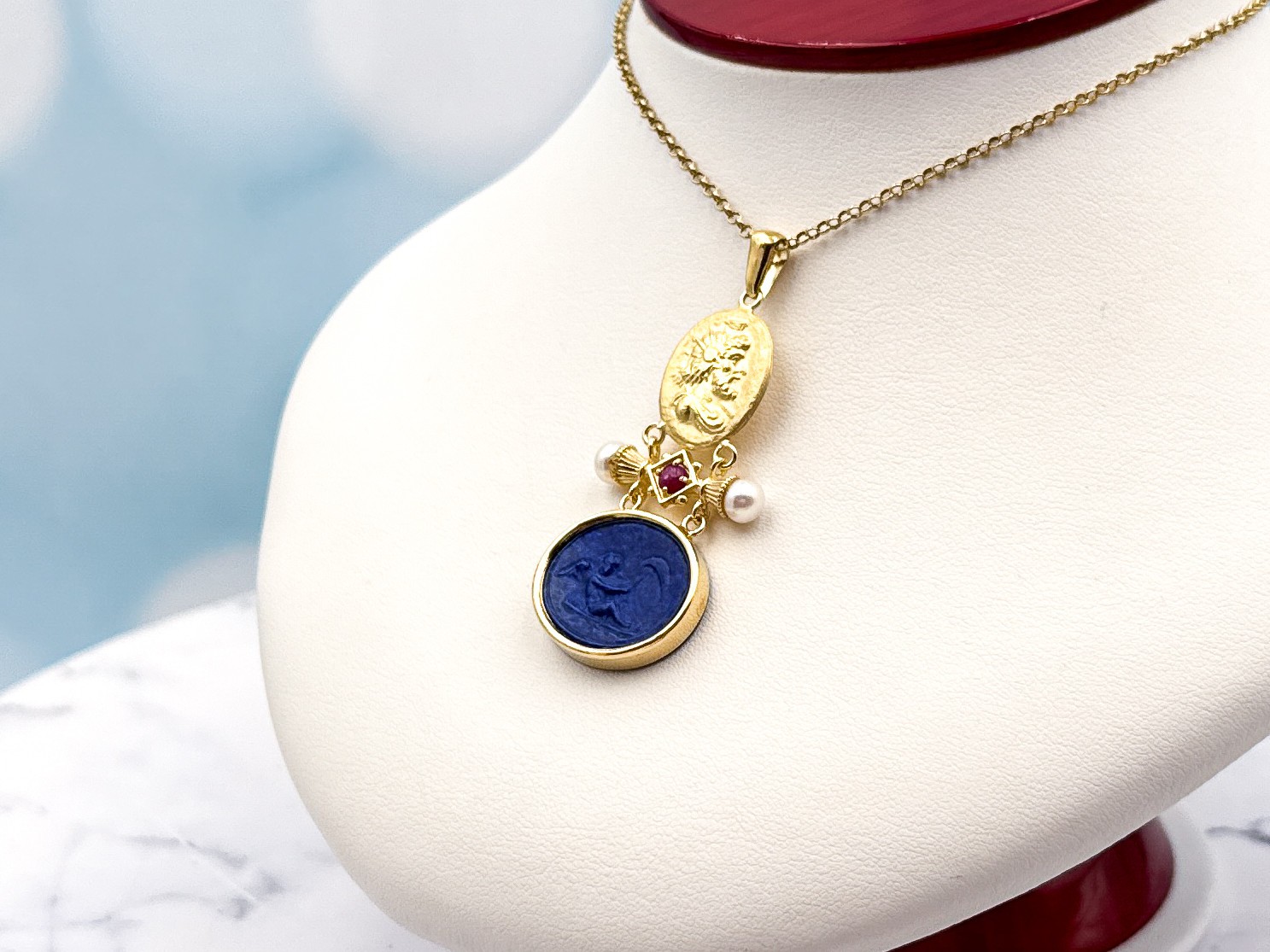 TAGLIAMONTE Designs (2385P-Lapis) 925SS/YGP Lapis Cameo Pendant *Cupid*Reg.$200