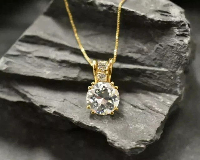 Real Moissanite 3Ct Round Cut Women’s Solitaire Pendant 14K Yellow Gold Plated