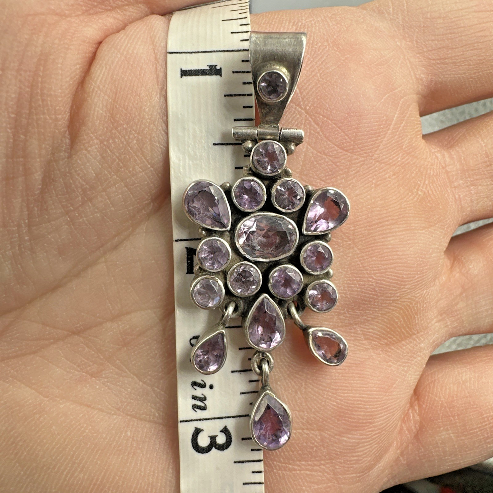 Vintage Amethyst Handmade Sterling Silver Cluster Pendant on 18″ 925 Necklace