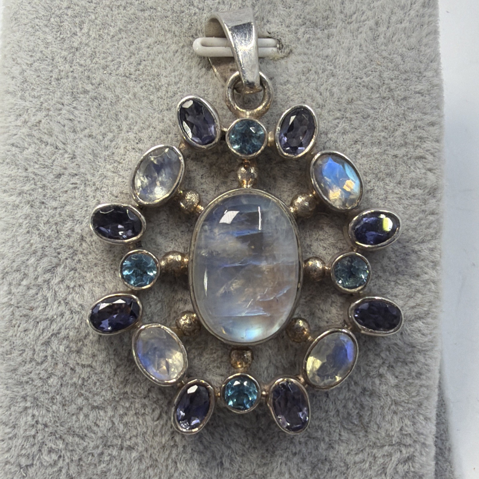 Sterling Silver SJ 925 Moonstone Amethyst Topaz Multi Gem Large Pendant Unique