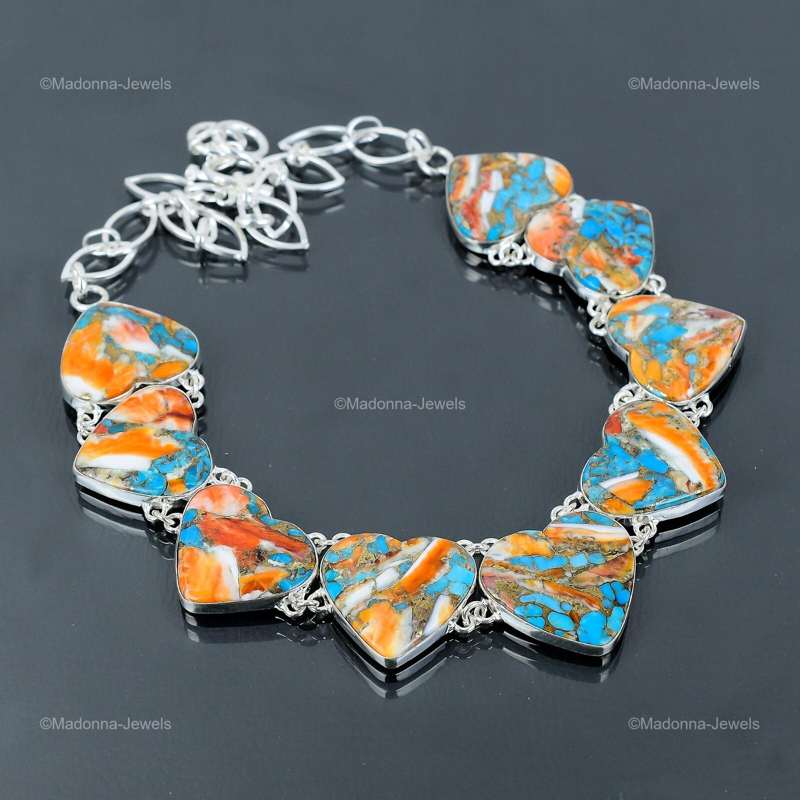 Spiny Oyster Copper Turquoise Gemstone Chain Elegant Necklace Jewelry 925 Silver