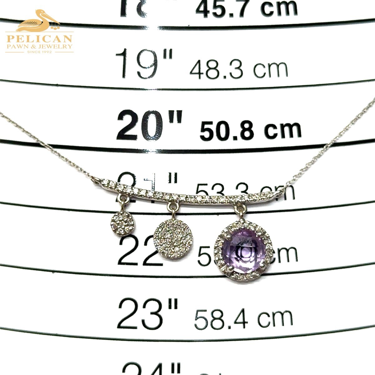 14KT White Gold Diamond Amethyst Curved Bar Dangle Drop Halo Necklac (PBR120194)