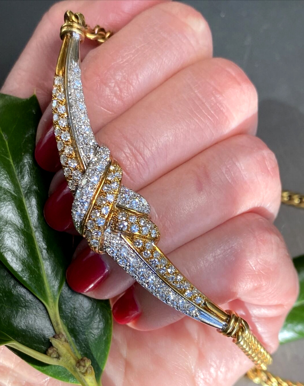 18K Yellow White Gold Diamond Love Knot X Crescent Vintage Cuban Chain Necklace