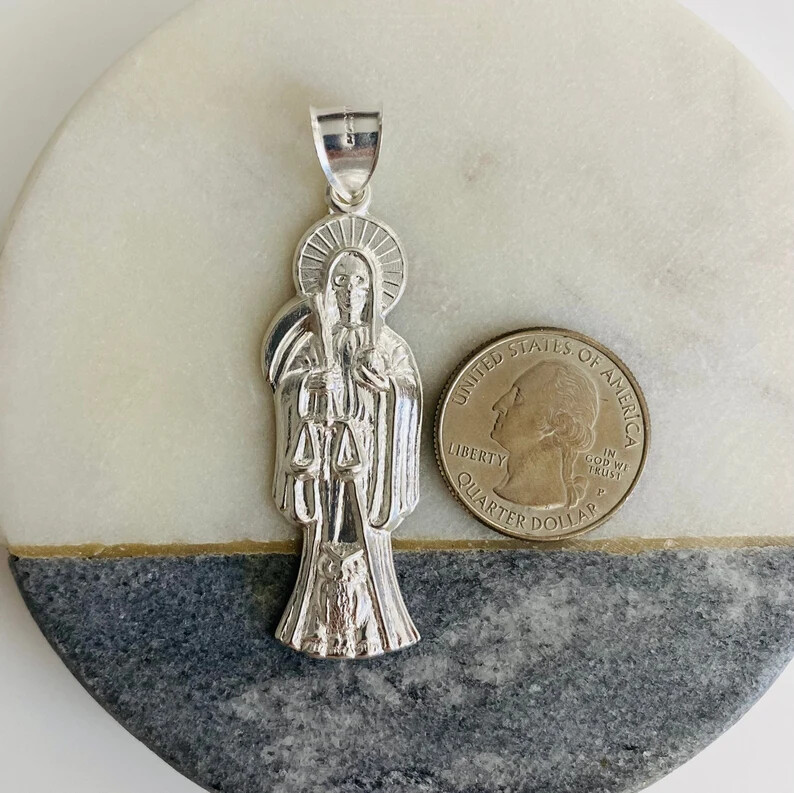 925 Sterling Silver Grim Reaper Santa Muerte Pendant / Figaro Necklace- ESP35