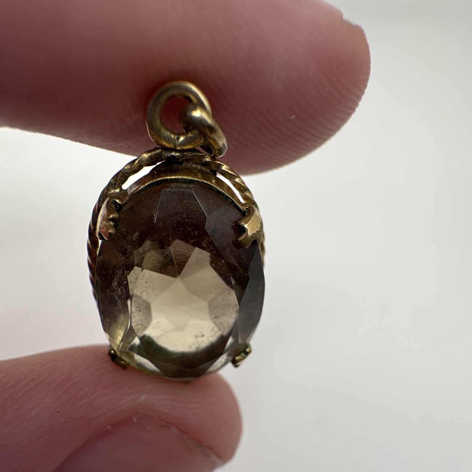 10k Yellow Gold Filled Smoky Quartz Oval Prong Set Pendant Charm Signed