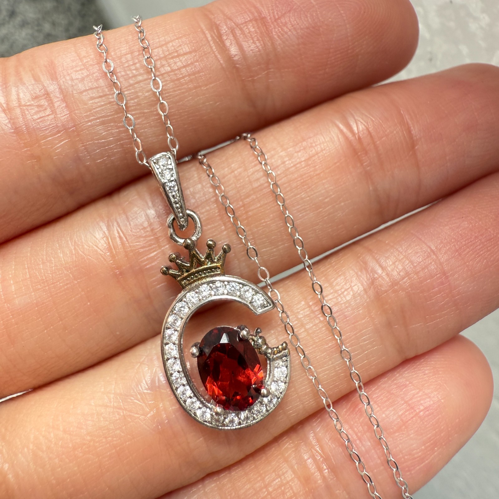 925 Sterling Silver Necklace 7x5mm Natural Garnet Zircon Crown Handmade Chain