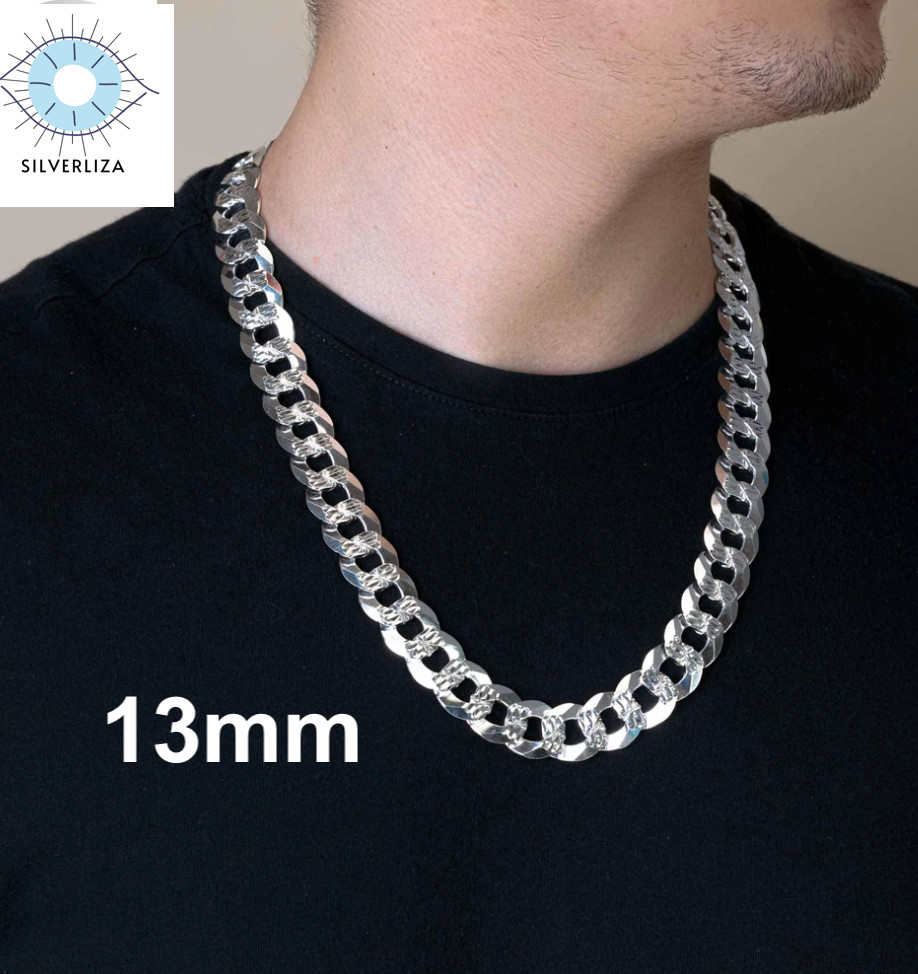 Real 925 Sterling Silver Mens Diamond Cut Curb Cuban Chain Bracelet or Necklace