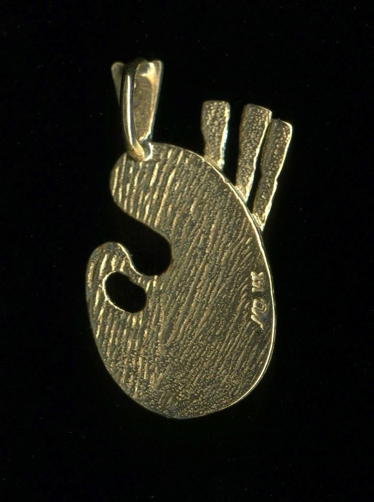 14K 1.95 Gram 26mm Solid Yellow Gold Painter Palette & Brush Paint Pendant *QK