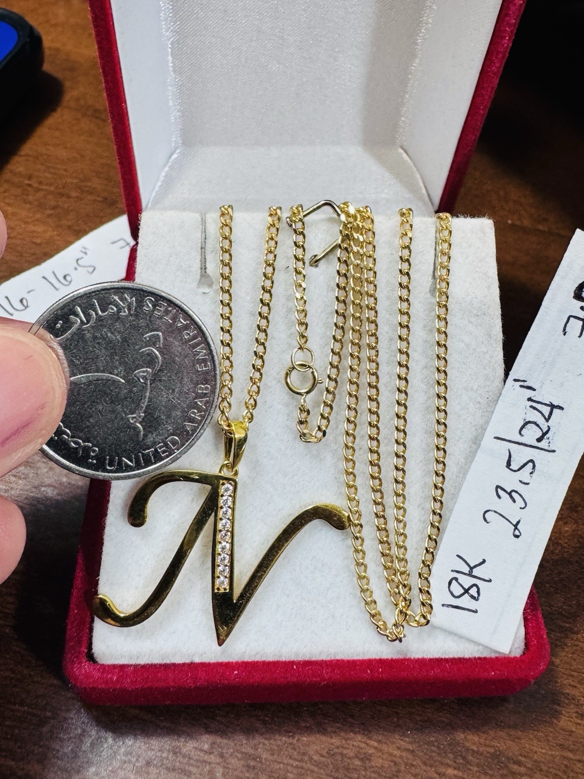 18K 750 Real Fine Gold Men Women’s Letter N Set Necklace 23.5/24” long 7.9g 2mm