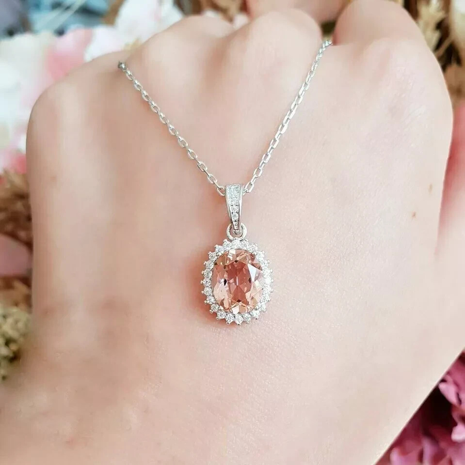 3 Carat Halo Morganite & Diamond Pendant With Free Chain 14K White Gold Finish