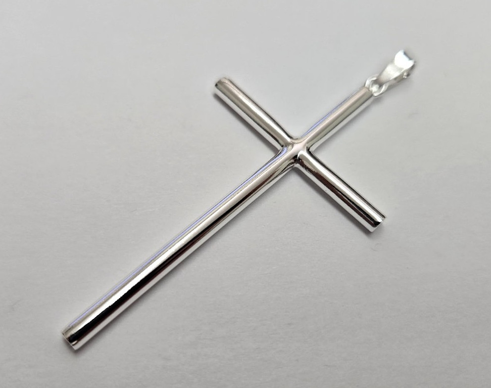 925 Sterling Silver Large Plain Tubular Cross Pendant 2 1/4 Inch Tall (56mm)