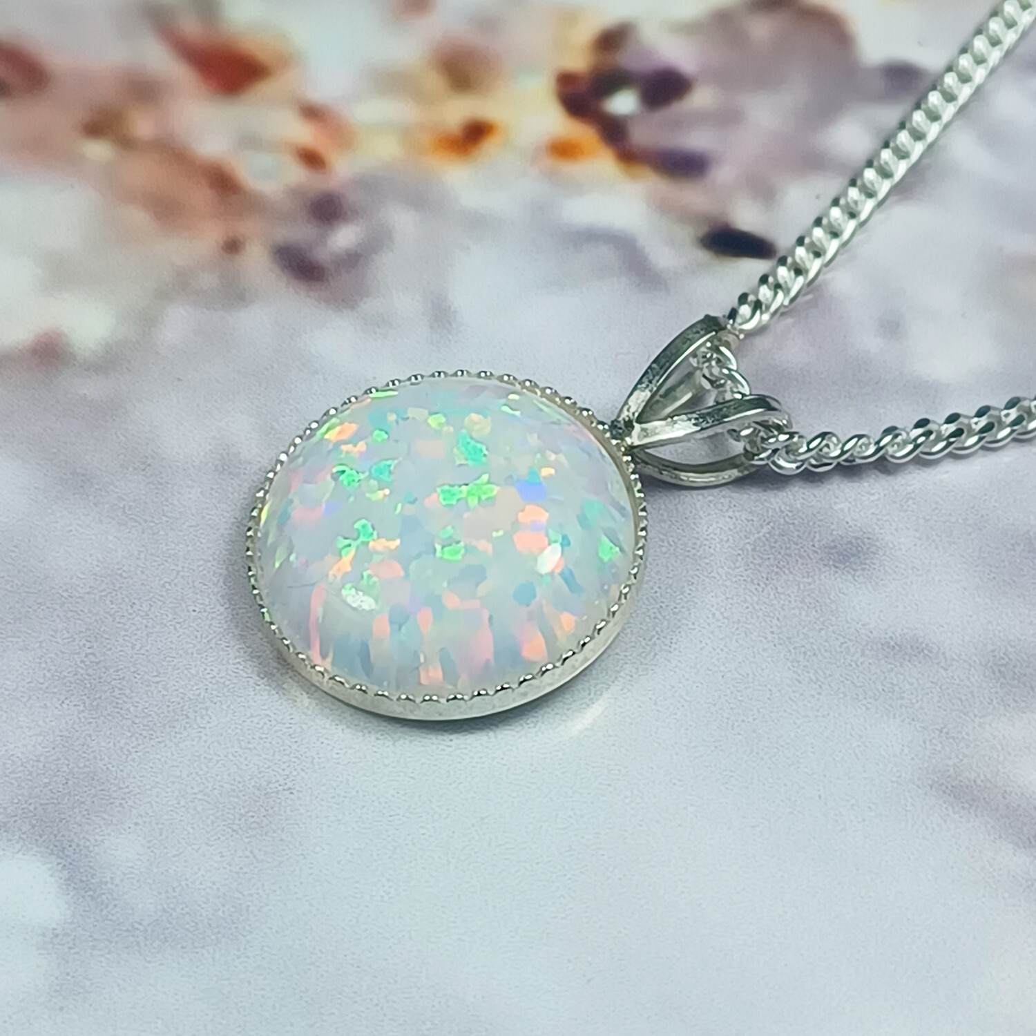 10mm ROUND LAB CREATED WHITE OPAL CABOCHON 925 STERLING SILVER PENDANT CHAIN