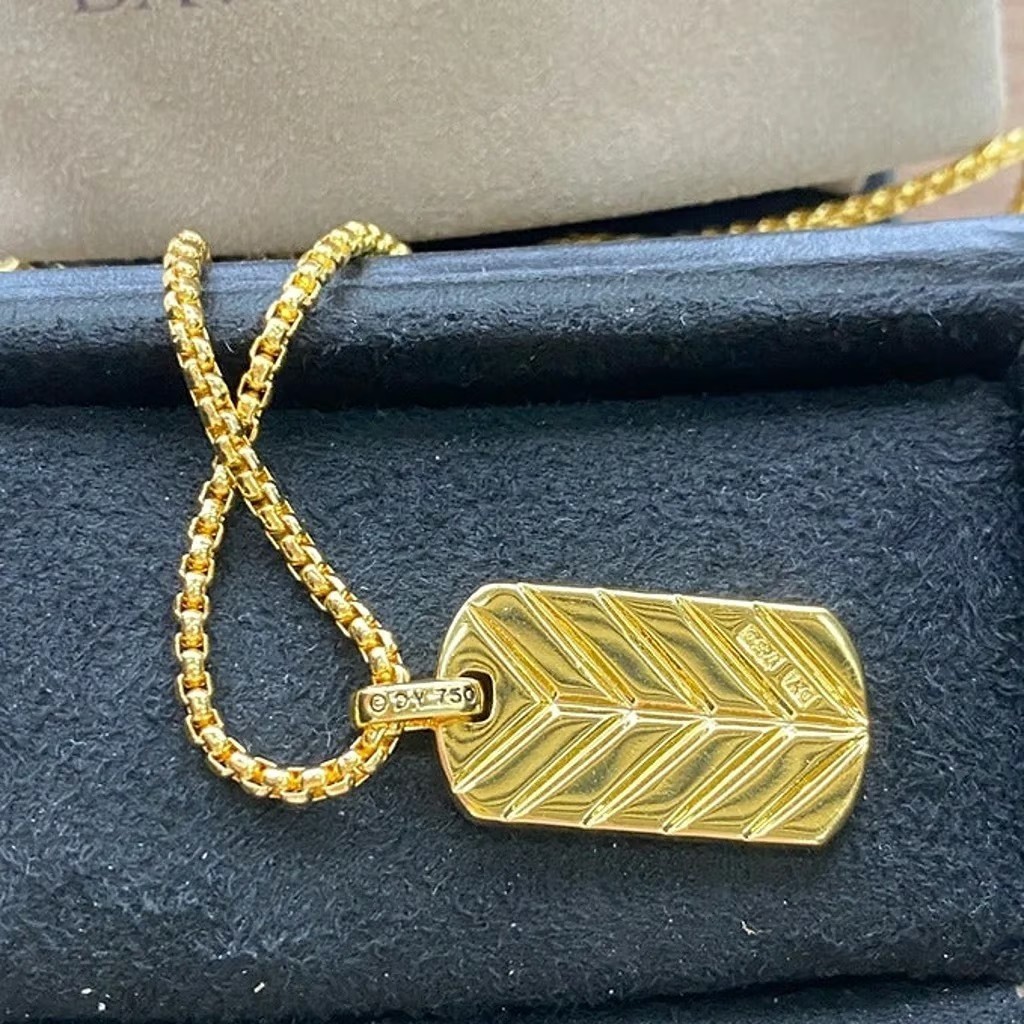 David Yurman Gold Tone Paved Dog Tag Pendant Necklace