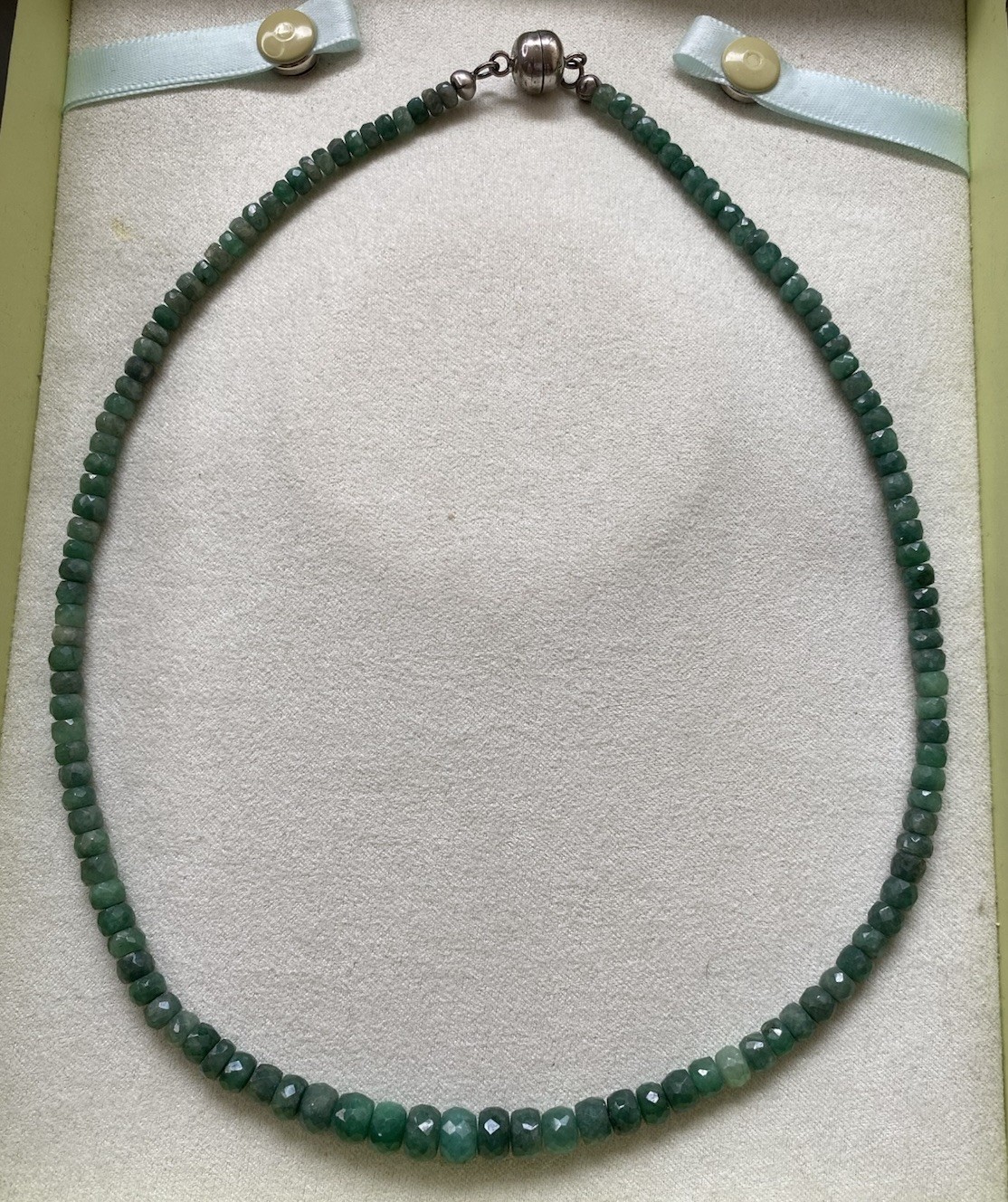 90ctw Emerald Graduated Faceted Rondelle 3-7mm Beads 925 Clasp 18” Necklace