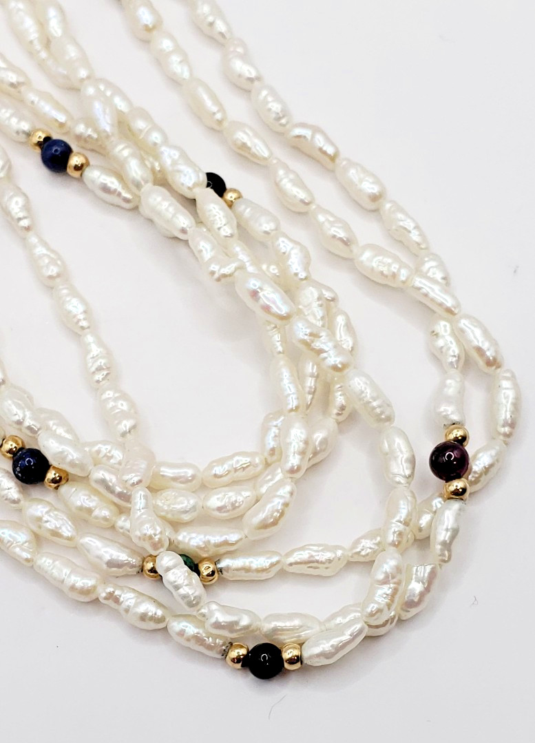 14K Gold Clasp 3 Strand Lapis & Multi Gemstone Rice Seed Pearl Necklace 33 Inch