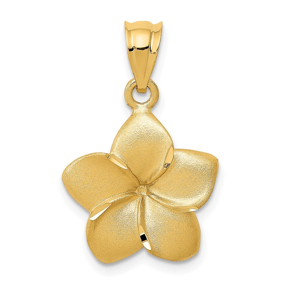 14k Yellow Gold Satin Diamond-cut Plumeria Floral Charm Pendant Necklace Womens