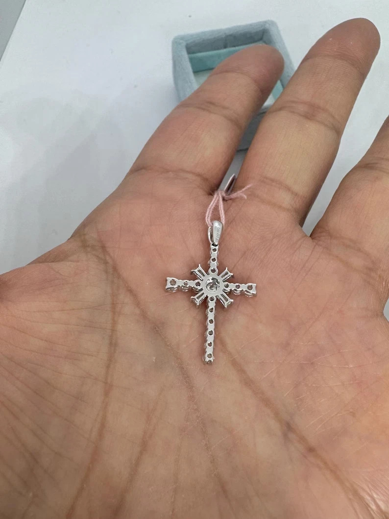 1.10Ct Round Cut Real Moissanite Women’s Cross Pendant 14K White Gold Plated