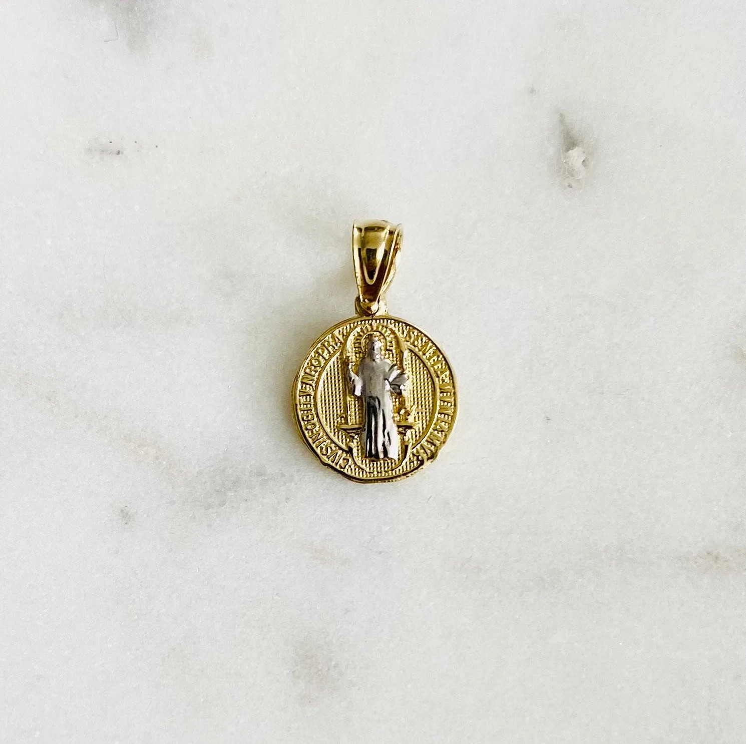 14K Solid 2 Tone Gold 10mm Saint Benedict Pendant – 14K Gold Pendant – PT741