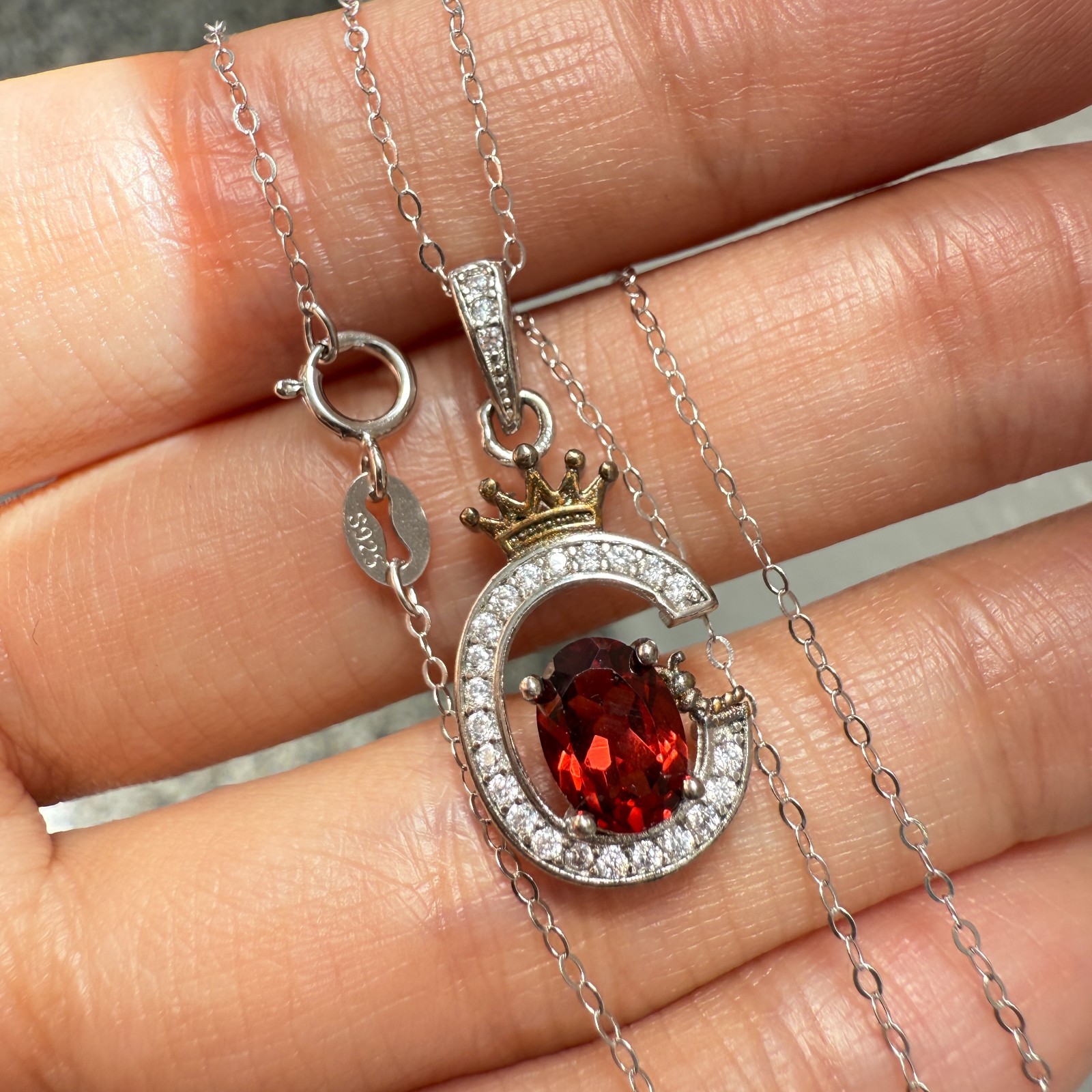 925 Sterling Silver Necklace 7x5mm Natural Garnet Zircon Crown Handmade Chain