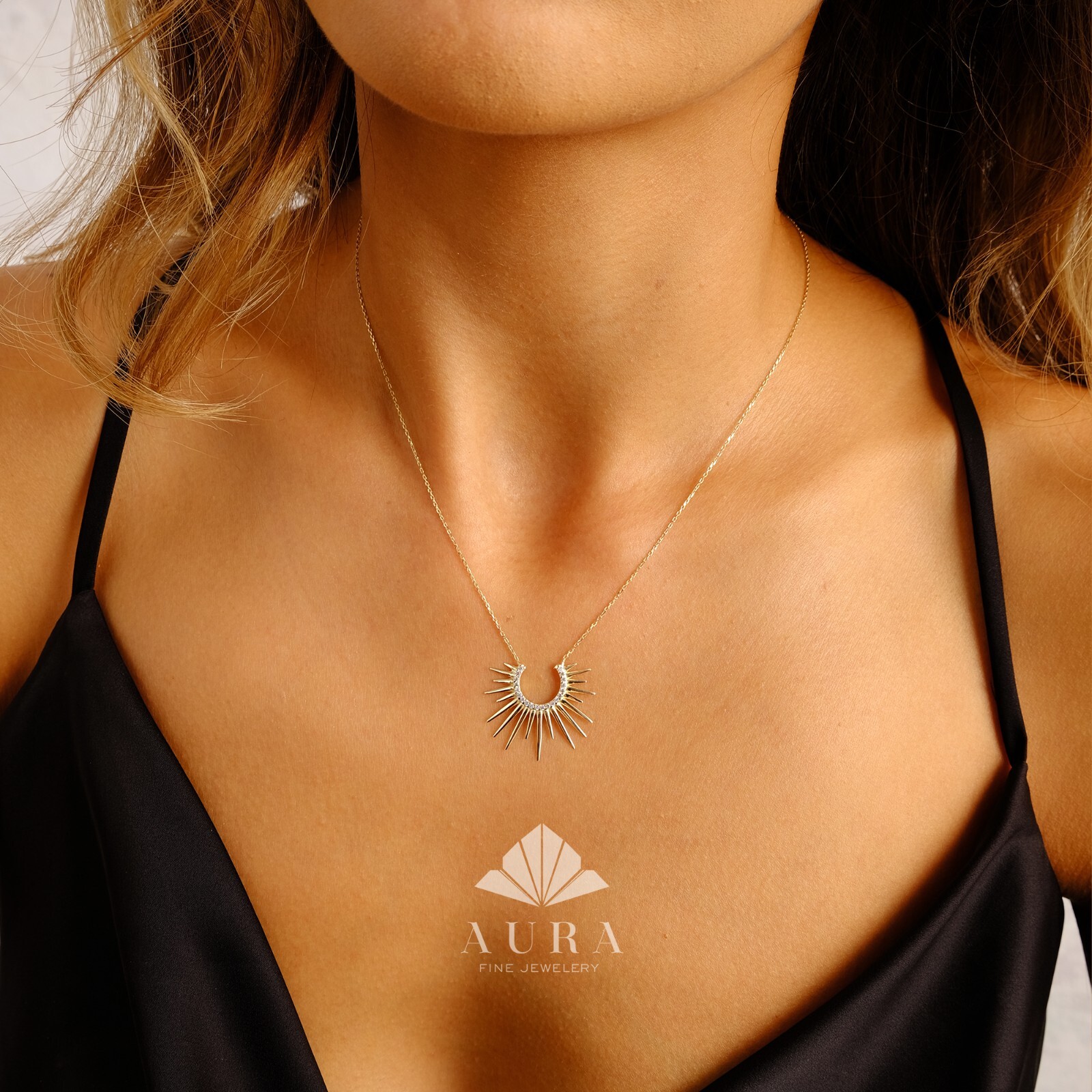 14K Gold Sunburst Necklace, Spikey Gold Sun Pendant, Crescent Necklace
