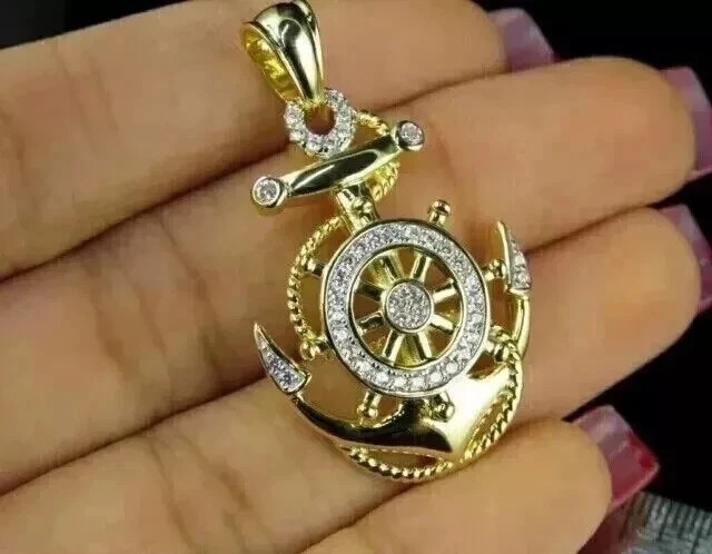 2.0 Ct Round Cut Lab-Created Diamond Men’s Anchor Pendant 14k Yellow Gold Plated