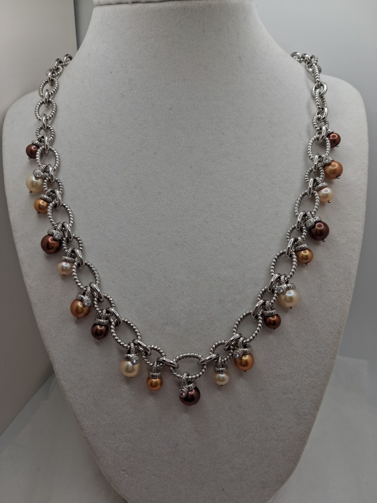 Judith Ripka S925 Multi Gold/Champagn/Choc Cultured Pearl Dangle Necklace-17-19″