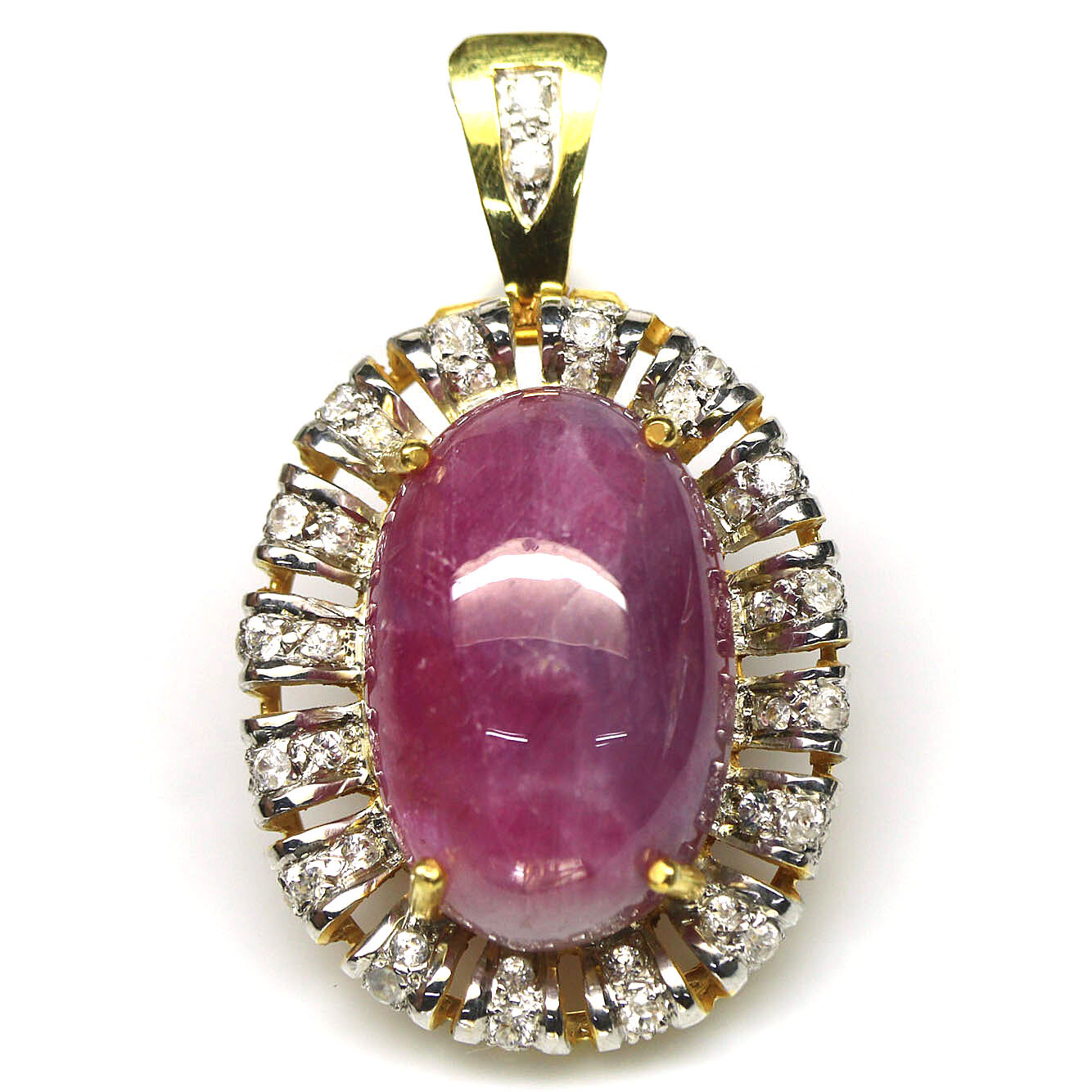 Gemstone 17 x 26 mm. Pink Ruby & White Zircon Pendant 925 Silver 18K Gold
