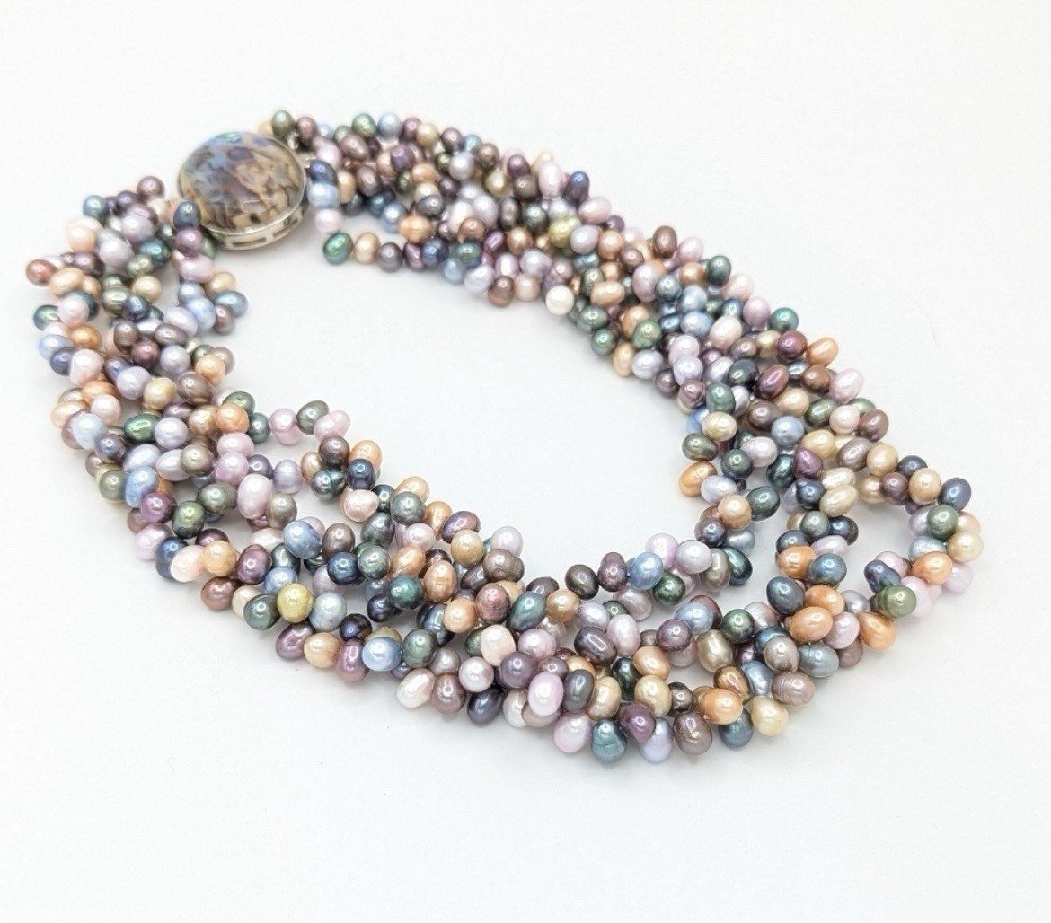 Unbranded Pastel Cultured Pearl Triple Strand Necklace With Abalone Clasp 17″