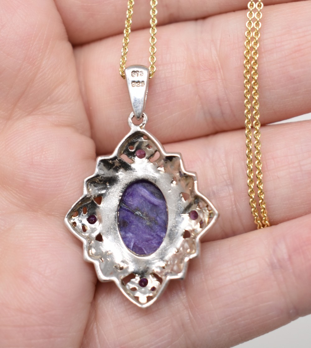 STS Silver 925 2-Tone Charoite & Amethyst Pendant Gold-P Chain Choker Necklace