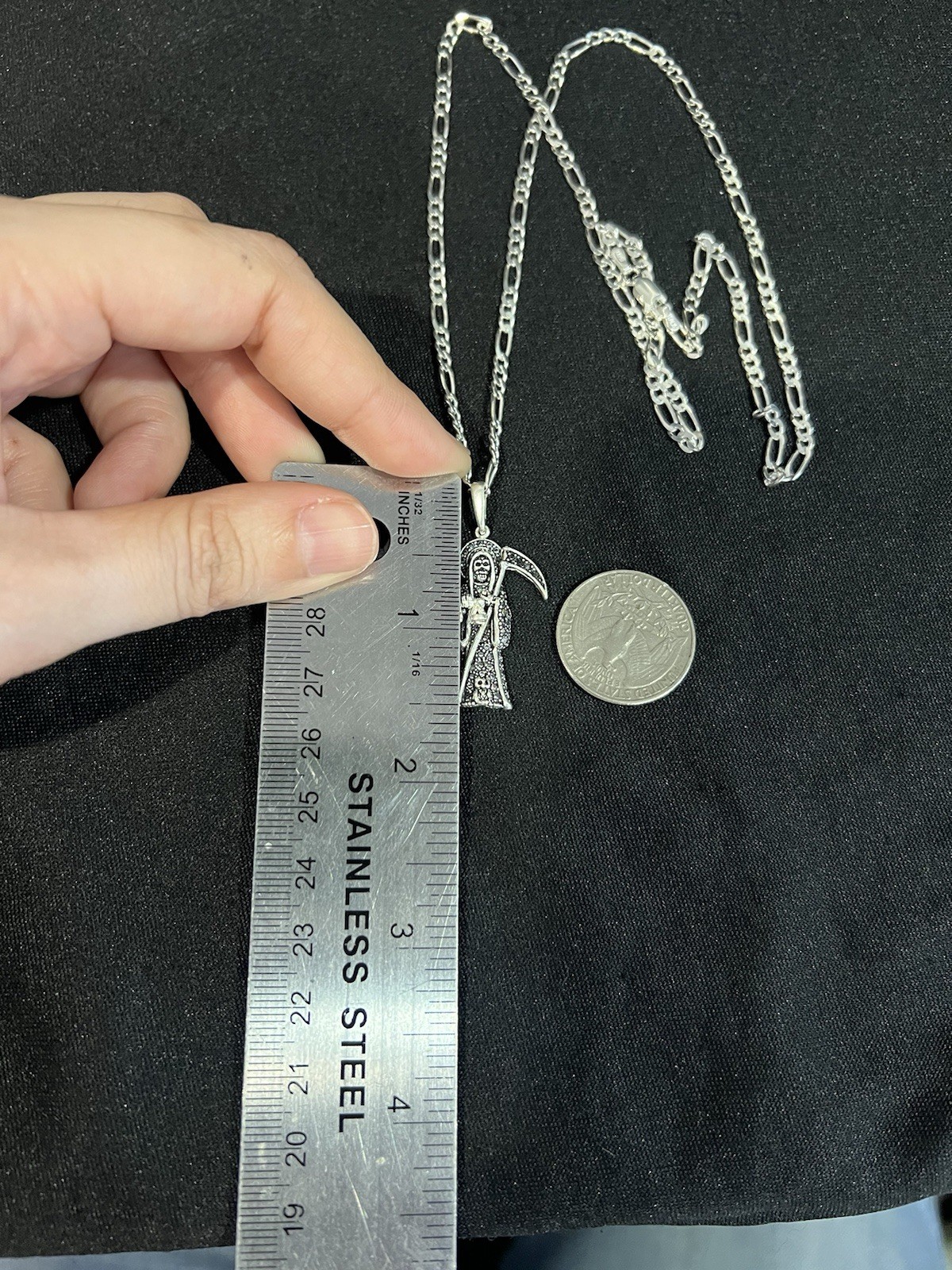 925 Sterling Silver Small Stones Santa Muerte Grim Reaper Figaro Chain 20 22 24