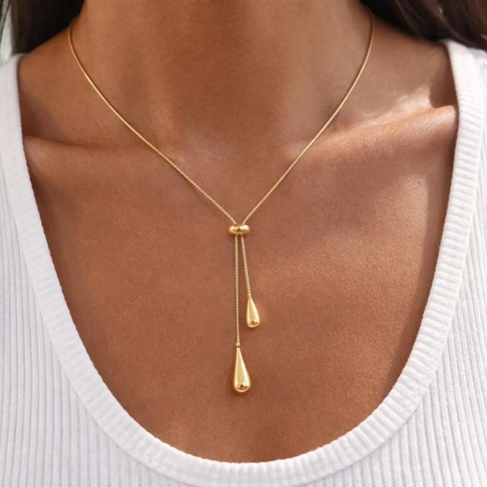 18K Yellow Gold Over Lariat Necklace | Adjustable Teardrop Pendant Chain 18″ RAR