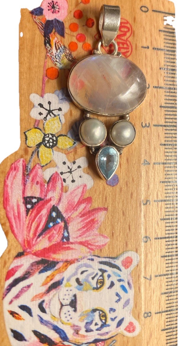 Moonstone, Aqumarine & Cultured Pearl Pendant 925 Silver 4cms Long 7 Grams