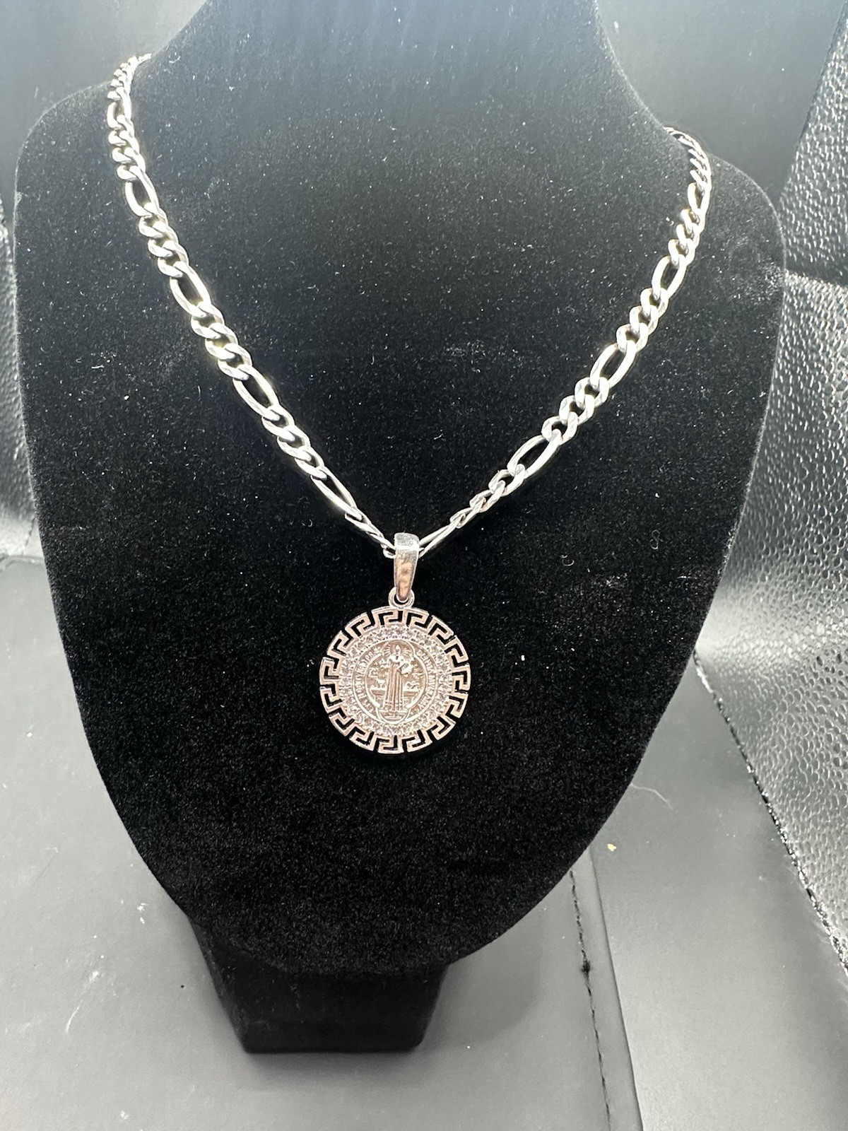 Sterling Silver Saint Benedict Medallion Necklace W/greek Key & Natural Diamonds