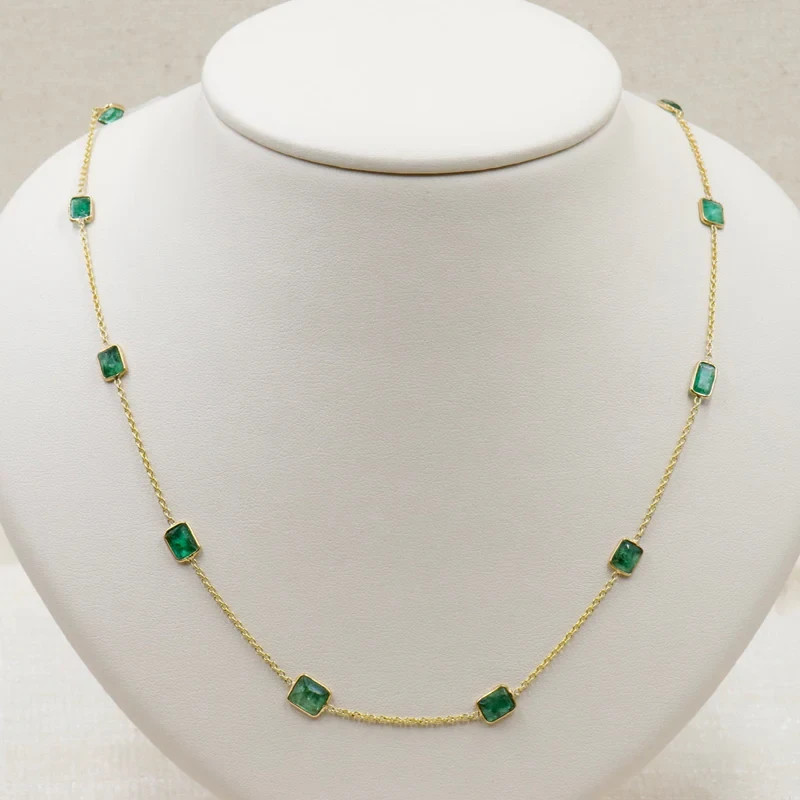 14k Yellow Gold Emerald Natural Diamond Bezel Set Station Necklace For Propose