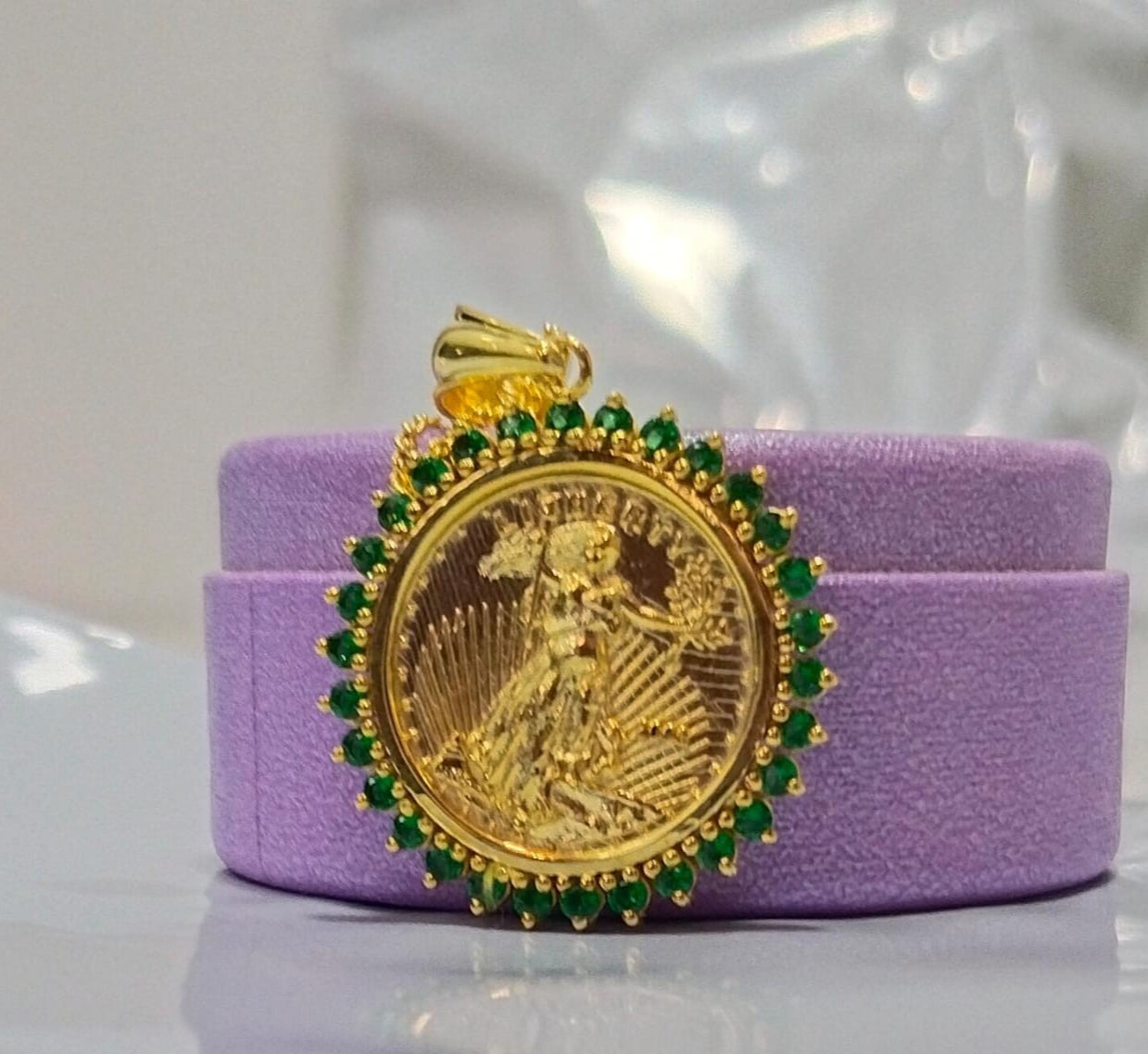 Liberty Coin Pendant 14K Yellow Gold Plated 2Ct Round Cut Lab Created Emerald